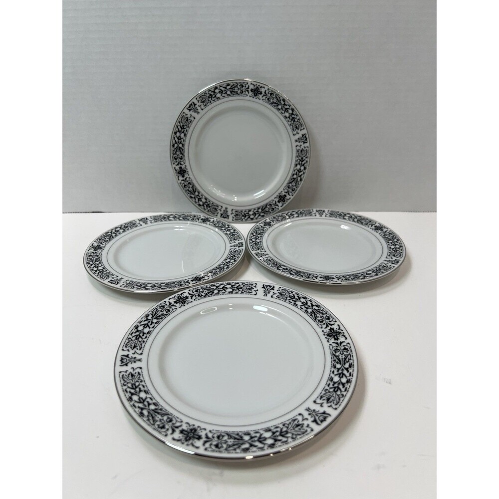 Executive House Prestige Fine China Bread Butter Dish Black Floral Scroll Set 4